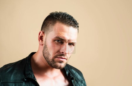 Photo for Brutal man, handsome serious male model. Close up portrait of guy with serious profile face. Closeup portrait of a young sexy guy. Portrait of handsome man with serious face - Royalty Free Image