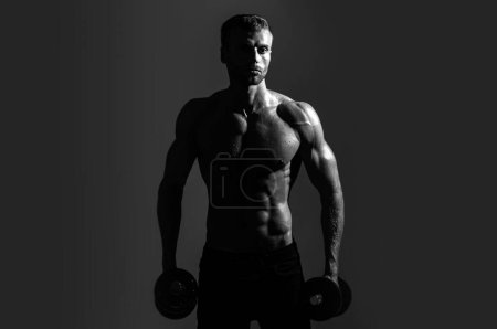 Photo for Sexy sporty torso, man with dumbbells. Portrait of athletic man with dumbbells. Shirtless man man with muscles torso in studio - Royalty Free Image