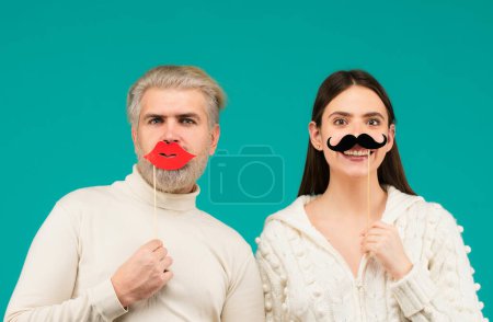 Photo for Gender, equality diversity concept. Male female portrait. Transgender gender identity, equality and human rights. Funny couple of woman with moustache and man with red lips - Royalty Free Image