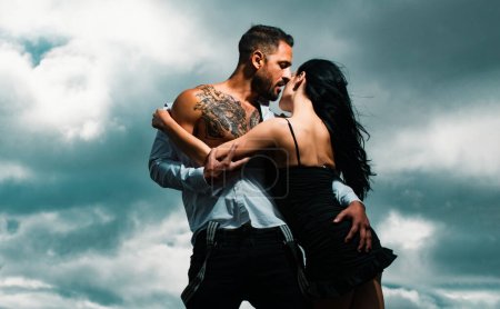 Photo for Sexy couple. Passionate sexy moments. Romantic couple in love dating. Man kissing and embracing woman in the tender passion. Latin and hispanic couple - Royalty Free Image