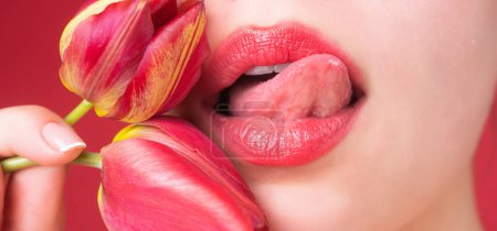 Photo for Sexy mouth. Sensual woman lips close up. Tender and seductive. Intimate fantasy. Cosmetic lipgloss. Macro lip. Sexual, passionate and temptation symbol. Erotica, provocative icon. Seductive tongue - Royalty Free Image