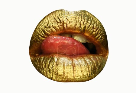Photo for Gold lips. Gold paint from the mouth. Golden lips on woman mouth with make-up. Sensual and creative design for golden metallic. Creative art lipstick. Isolated on white - Royalty Free Image