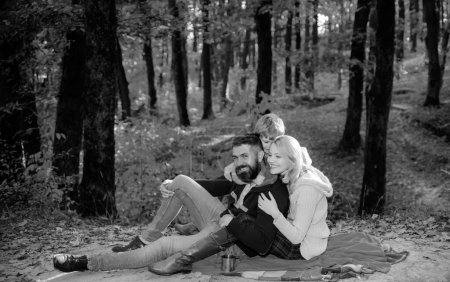 Photo for Play together. Mother father and small son play in park. Lovely couple with baby boy play together. Play games. Vacation and tourism concept. Happy family with kid boy relaxing while hiking in forest. - Royalty Free Image