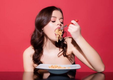 Photo for Food from Italia. Spaghetti. Italian cuisine. Sexy girl eating pasta. Healthy menu. Italia cuisine - Royalty Free Image