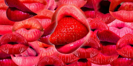Photo for Strawberry tongue. Lips, female mouth texture pattern. Red lip - Royalty Free Image