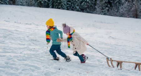 Foto de Linda chica y chico disfrutando de un paseo en trineo. Niños en trineo en la nieve en el parque de invierno. Naturaleza paisaje nevado. Diversión activa de invierno al aire libre para vacaciones en familia. Fondo de nieve, espacio de copia - Imagen libre de derechos