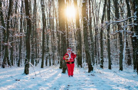 Foto de Navidad con nieve. Papá Noel entrega regalos. Santa Claus en trajes de Navidad en la montaña nevada de invierno. Año Nuevo y Navidad está llegando - Imagen libre de derechos