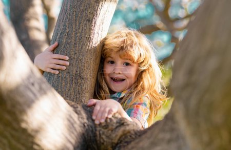 Photo for Childhood leisure, happy kids climbing up tree and having fun in summer park. Funny kids face. Children love nature on countryside - Royalty Free Image