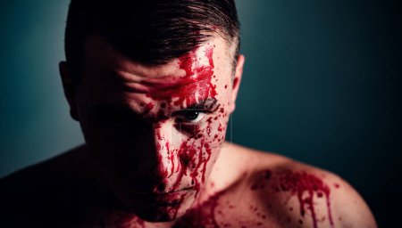 Photo for Prison for monster. Psycho mad man. Psychic disease. Murderer brutal aggressive guy. Halloween concept. Aggressive person. Injured soldier. Pain and injury. Aggressive monster. Body soiled blood. - Royalty Free Image