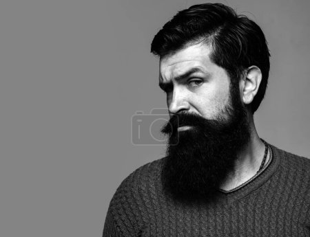 Téléchargez les photos : Portrait de l'homme sérieux confiant a la barbe et la moustache, regarde sérieusement, isolé sur gris. Hipster gars modèles en studio - en image libre de droit