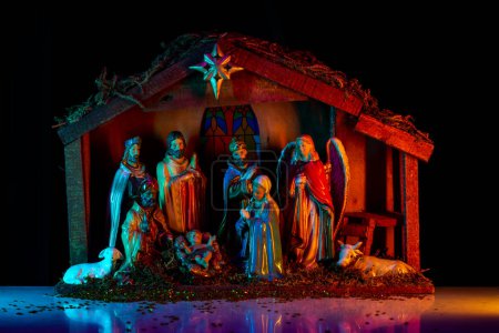 Photo for Bethlehem. Christmas Jesus in crib. Christmas nativity scene of born Jesus Christ in the manger with Joseph and Mary. Traditional Christmas nativity scene of baby Jesus in the manger - Royalty Free Image