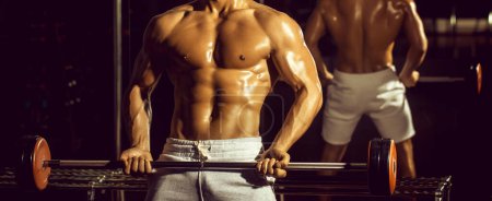 Photo for Muscular man with barbell. Banner templates with muscular man, muscular torso, six pack abs muscle - Royalty Free Image