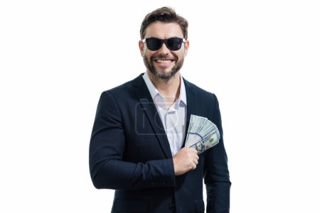 Photo for Man in suit holding cash money in dollar banknotes on isolated white background. Studio portrait of businessman with dollar banknotes. Dollar money. Career wealth business. Cash dollar concept - Royalty Free Image