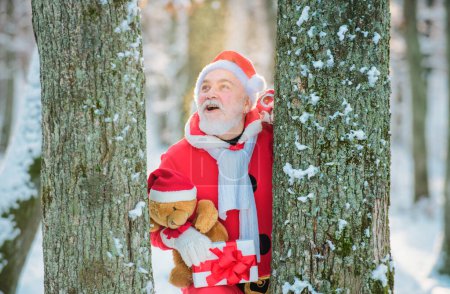 Téléchargez les photos : Heureux grand-père livrer des cadeaux. Père Noël en costumes de Noël dans la montagne enneigée d'hiver. Nouvel An et Noël arrive - en image libre de droit