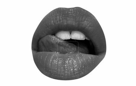 Photo for Mouth Icon. Sexy female lips with red lipstick isolated on white. Tongue of beautiful young women, licking lips. Seductive lady open mouth red lips. Sexy blow jobs symbol - Royalty Free Image