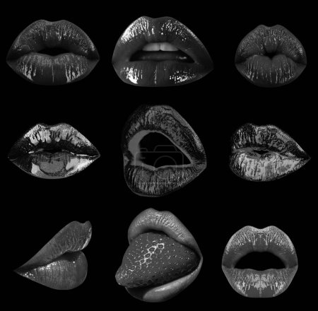 Foto de Collage sexy seducción mujer boca, lamer la pasión y sensual chupar. Conjunto de labios seducción tentación pasión deseo. Diseño abstracto de arte, banner. Aislado sobre fondo negro - Imagen libre de derechos