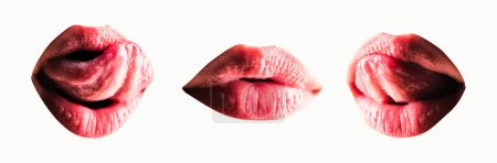 Photo for Sexy lips set. Womans mouth with sensual tongue close up with oil lipstick makeup expressing seduction. Helthy lips. Beauty sensual lips. Cosmetology, drugstore or fashion makeup concept. - Royalty Free Image