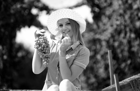 Téléchargez les photos : Femme d'automne sur les vignes. Du vin et des raisins. Fille entre rangées de vignes - en image libre de droit