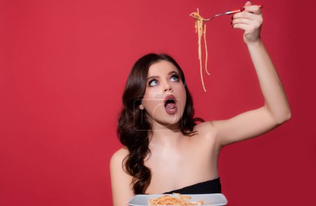 Photo for Food from Italia. Spaghetti Girl. Italian traditional cuisine. Happy woman eating pasta. Healthy menu - Royalty Free Image