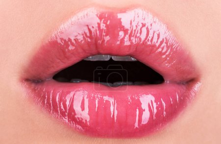 Photo for Girl open mouths. Natural beauty lips. Woman lips with pink lipstick. Sensual womens lip balm. Red lip with glossy lipgloss. Close up, macro with beautiful mouths - Royalty Free Image