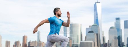 Photo for Mature man doing sport on street. Runners sprinting outdoors. Sport man training in a urban area, healthy lifestyle sport concept. Man in sportswear jogging exercise at public park in New York City - Royalty Free Image