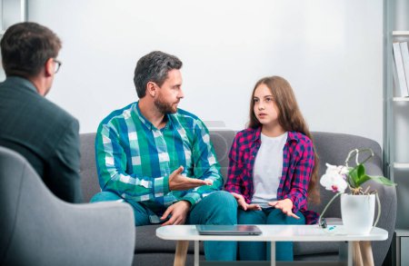 Photo for Psychologist with father and daughter, psychotherapist listen mental health of dad and child teen, Psychological parents problem. Parenting conflicts, kids crisis - Royalty Free Image