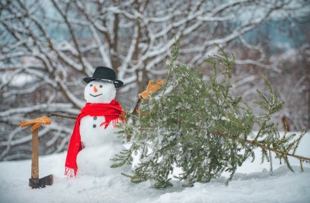 Téléchargez les photos : Homme des neiges - sapin bûcheron sur fond de neige blanche. Le matin avant Noël. Le bonhomme de neige porte un sapin de Noël dans le bois. Bonhommes de neige drôles - en image libre de droit
