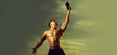 Foto de Banner templates with muscular man, muscular torso, six pack abs muscle. Wet muscular man with water bottle. Muscle body of strong man - Imagen libre de derechos