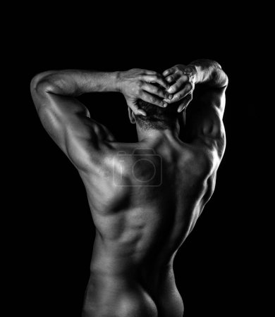 Téléchargez les photos : Homme athlétique fort montrant son dos parfait isolé sur fond noir. Homme nu posant dans le studio sur un fond sombre. bodybuilder nu de retour. C'est grand - en image libre de droit