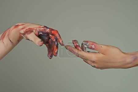 Photo for Painted hands. Reach hand. Sensual touch fingers. Two hands trying to touch. Hands of man and woman reaching to each other. Hand try to touch. Fingers touch each other. Sensual arm - Royalty Free Image