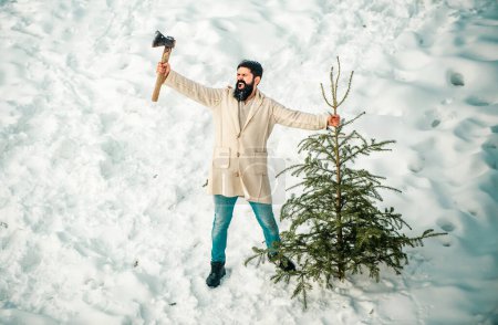 Téléchargez les photos : Joyeux Noël et Joyeuses Fêtes. Arbre de Noël coupé. Homme bûcheron avec arbre de Noël dans le parc d'hiver. Barbu homme coupe arbre de Noël - en image libre de droit