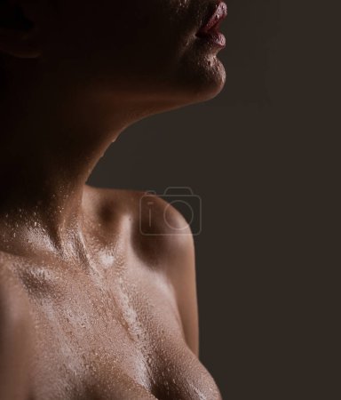 Foto de Mujeres con pechos y labios húmedos. Sexy breas, tetas, sensual hermoso cuerpo femenino delgado. Primer plano de senos femeninos sexy - Imagen libre de derechos