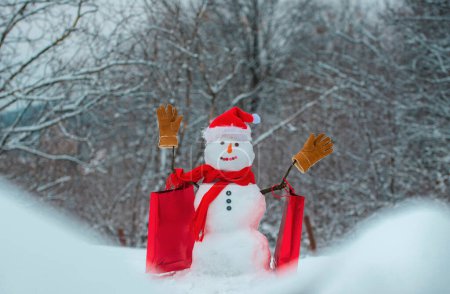 Foto de Muñeco de nieve de Navidad con bolsa de compras y regalo de Navidad. Tarjeta de felicitación de arte festivo. Banner de Año Nuevo. Lindo muñeco de nieve en sombrero y bufanda en el campo cubierto de nieve con regalo de Navidad sorpresa - Imagen libre de derechos
