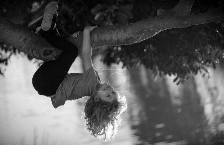 Téléchargez les photos : Joyeux enfant jouant dans le jardin grimpant sur l'arbre. À l'envers. Concept d'enfance - en image libre de droit
