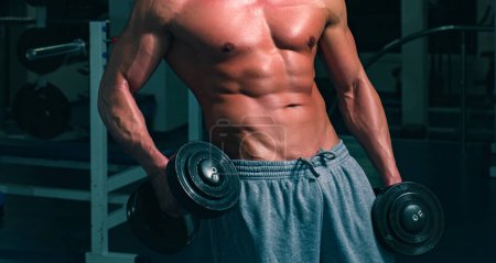Foto de Publicidad en el gimnasio. Torso masculino con seis paquetes. Entrenamiento con pesas - Imagen libre de derechos