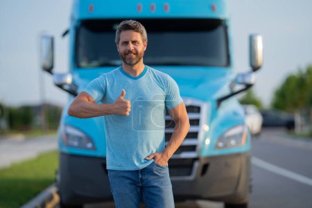 Photo for Men driver near lorry truck. Man owner truck driver near truck. Handsome middle aged man trucker trucking owner. Transportation industry vehicles. Handsome man driver front of truck - Royalty Free Image