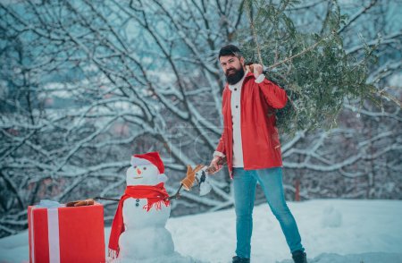 Téléchargez les photos : Arbre de Noël coupé. Joyeux père avec sapin de Noël lors d'une promenade hivernale enneigée. Achat et livraison de conifères la veille de Noël - en image libre de droit