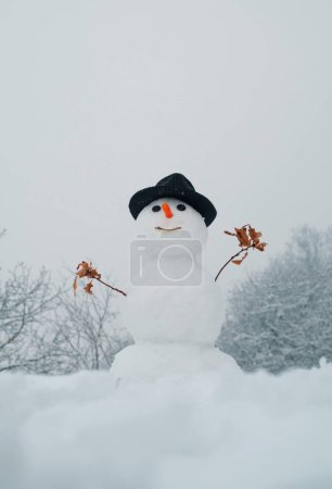 Téléchargez les photos : Bonhomme de neige et jour de neige. Bonhomme de neige avec un sac de cadeaux. Bonhomme de neige drôle avec une carotte au lieu d'un nez et dans un chapeau tricoté chaud sur une prairie enneigée sur un fond de neige floue. Bonhommes de neige - en image libre de droit