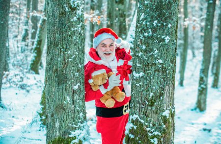 Foto de Feliz Navidad y Feliz Año Nuevo concepto. Te deseo feliz Navidad. Santa Claus va con una bolsa de regalos en el invierno en el campo cubierto de nieve - Imagen libre de derechos
