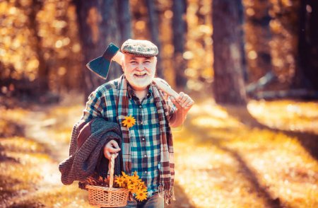 Photo for Hispter style. Hiking in deep nature. Fashion portrait man. Old bearded male. Mature hipster with beard. Close up portrait smiling man. Guy in forest. Funny grandfather in hat in forest - Royalty Free Image