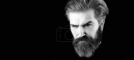 Photo for Bearded middle aged man with classic long beard, bearded gay. Barber barbershop. Mustache men, serious face close up, isolated on black. Templates web banner design. Horizontal banner for website - Royalty Free Image