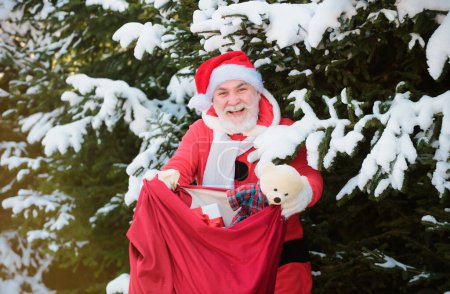 Foto de Santa Claus en Nochebuena lleva regalos a los niños en una bolsa sobre fondo de rama nevada de abeto - Imagen libre de derechos