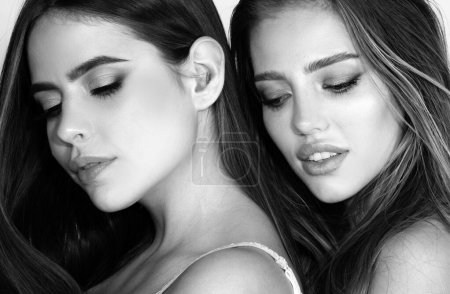 Photo for Portrait of two cheerful young women. Two beautiful young women with perfect skin in the studio. Lesbians lgbt couple. Natural beauty and skincare concept. Cosmetics and makeup - Royalty Free Image