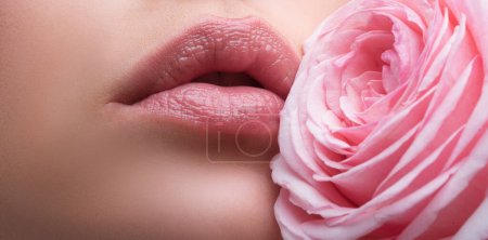 Téléchargez les photos : Gros plan femme sexy lèvres naturelles et rose rose. Bannière des lèvres avec du rouge à lèvres en gros plan. Belle femme lèvres avec rose - en image libre de droit