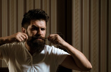 Photo for Man with long moustache. Bearded man with mustache, bearded gay. Barbershop concept. Mustache men - Royalty Free Image