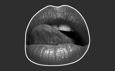 Téléchargez les photos : Léchage des lèvres sexy. La bouche féminine avec la langue lui léchait les lèvres rouges. Ouvrir la bouche féminine - en image libre de droit