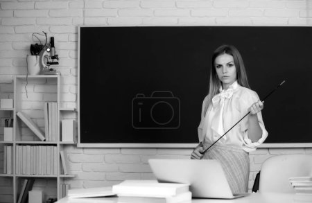 Foto de Young teacher with pointer. Portrait of a young, confident and attractive female student studying in school classroom - Imagen libre de derechos