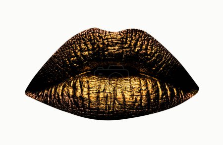 Photo for Golden lips closeup isolated on white. Gold metal lip. Beautiful makeup. Golden art lip gloss on beauty female mouth, closeup macro - Royalty Free Image