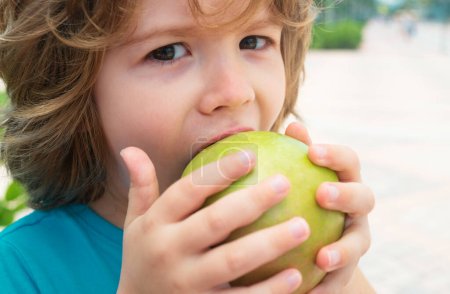 Foto de Niño come manzana. Nutrición saludable para los niños. Snack de frutas. Hora del almuerzo. - Imagen libre de derechos