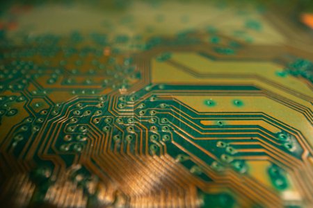 Photo for Circuit board. Technological electronic plate with roads and other components, selective focus. Technology background, electronics texture - Royalty Free Image